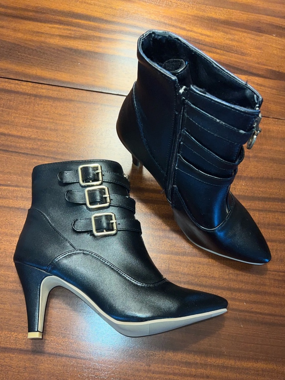 Women's Black Buckle Ankle Boots - Sleek Pointed Toe Heel